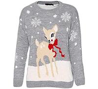 Loxdonz Girls Boys Knitted Merry Christmas Xmas Snowflake Kids Reindeer Pom Pom Jumper Sweater Top (5-6 Years, Baby Deer Grey)