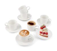 Loxiia Vertical Grain Espresso Coffee Cups and Saucers Set of 6, Cups Ceramic for Coffee, Espresso, Double Shot, Latte and Macchiato, Demitasse Cups Set Aesthetic Gift, White (100ml)