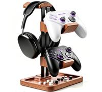 LOXP Walnut Headset Stand and Controller Holder, 2-in-1 Solid Wood Gaming Headphone Stand with Storage Base, Fits Xbox PS5 Switch Controllers, Desktop Organizer for Gamers