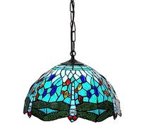 Loxton Lighting - Aqua Blue Tiffany Dragonfly Stained Glass Pendant Shade (12inch Dia') with Adjustable 1.5m Chain Pendant Set with B22 Brass Bulb Holder