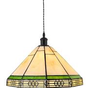 Loxton Lighting Mission Style Pendant Light, Beige and Green Stained Glass Shade, 30 cm Dome, Matt Black Vintage Set with 1m Cable