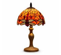 Loxton Lighting Tiffany Style Table Lamp - 20cm Dragonfly Stained Glass Shade, 35.5cm Tall Bedside Lamp, Antique Bronze Base, E14 LED Compatible, Vintage Desk Lamp for Bedroom Living Room