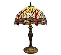 Loxton Lighting Tiffany Style Table Lamp, Dragonfly Design, 49 cm Height, Cream and Red Stained Glass Shade, Antique Base