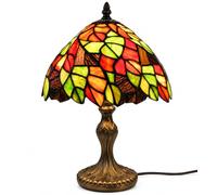 Loxton Lighting Tiffany Style Table Lamp, Green & Orange Stained Glass | Colourful 20cm stained glass shade with green, orange and red leaf design, decorative bronze-effect base and E14 holder