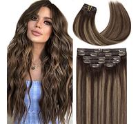 Loxxy 20Inch Seamless Clip in Hair Extensions Remy Human Hair Chestnut Brown to Highlight Dark Brown With Dark Brown Roots Natural Seamless Hair Extensions Clip in With PU Weft 110Gram #R2-2/6