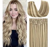 Loxxy 22 Inch Seamless Human Hair Clip in Piano Extensions Light Ash Brown Mixed with Platinum Blonde Clip in Hiar Extensions Real Hair with PU Weft Silky Rect