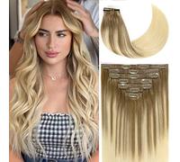 Loxxy 22Inch Seamless Real Hair Extensions Clip in Human Hair Ultra Thin PU Weft Invisible Balayage Light Brown Fading to Light Bleach Blonde Clip on Hair Extensions Remy Hair 110Gram 7PCS B#8-60