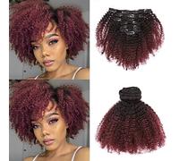 Loxxy Afro Kinkys Curly Hair Extensions Clip-In 4B 4C Natural Hair Clip In Virgin Brazilian Human Hair Kinky Curly Clip In Human Hair Extensions Human Hair for Black Women Red Brown #1b/99j 25.4 cm