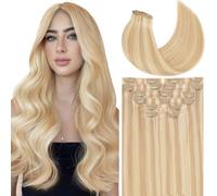 Loxxy Human Hair Clip in Extensions Thin PU Weft Highlight Golden Brown Mixed With Platinum Blonde Invisible Seamless Clip in Hair Extensions Real Human Hair Natural Straight 130g 7Pcs 18Inch P12/60A