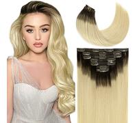 Loxxy Seamless Extensions Clip in Human Hair Double Ultra Thin PU Weft Remy Hair Extensions Clip in Human Hair Ombre Rooted Darkest Brown To Platinum Blonde Full Head R#2-60A 18Inch 110gram 7pcs