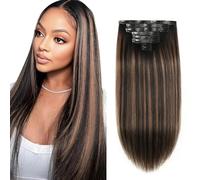 Loxxy Yaki Human Hair Straight Natural Black Mixed Chestnut Brown Light Natural Seamless Yaki Straight Human Hair 16 Inch 8 Pieces 115g