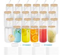 Loyaboho 36 Pcs 16oz Drinking Glasses Cups with Glass Straw and Bamboo Lids - Beer Can Shaped, Iced Coffee Tumbler Frosted Cup for Cocktail, Cola, Juice, Soda, Tea, Water | Gift Set Family Party Bar