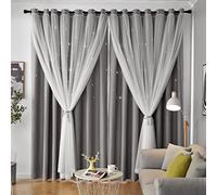 Loyala Star Blackout Curtains for Bedroom, Nursery Double Layer Curtains Cute Curtains, Kids Curtains for Boys, 63 Inch Length 2 Panels, Grey Curtains, 52 X 63 Inches