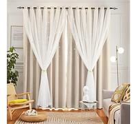 Loyala Star Double Layer Blackout Curtains for Bedroom Kids, Cute, 63 Inches Long 2 Panels Set, Beige, 42 X 63 Inches
