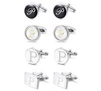 LOYALLOOK 4Pairs Men's Initial Letter Shirts Cufflinks Engraved Shirt Cufflink Alphabet Set Fashion Dazzle Tuxedo Cufflinks Business Wedding Father's DayGift, Brass