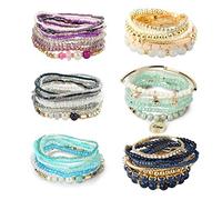 LOYALLOOK 6 Sets Bohemian Stackable Bead Bracelets for Women Stretch Bohemian Style Stretch Multilayered Boho Bracelet Set