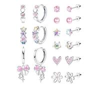 LOYALLOOK Hypoallergenic Surgical Steel Earrings for Women - Screw Back Earrings for Sensitive Ears Cute Earrings Dainty Flower Bow Flat Back Stud Hoop Earring Set, Stainless Steel Copper, Cubic