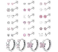 LOYALLOOK Screw Back Earrings Stud for Women Surgical Steel Hypoallergenic Cartilage Stud Earrings Tiny Opal CZ Screwback Flat Back Stud Earrings Cute Heart Hoop Earrings Set 20G Over 3 Years Old