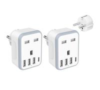Loydia 2 Pack European Travel Adapter, 5 in 1 EU Plug Adapter with 4 USB Ports, UK to EU Travel Adaptor, Type E/F Schuko Grounded Euro Plug Adapter for Germany France Spain Turkey Portugal Poland
