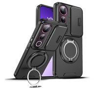 Loyhee Mobile Phone Case for Vivo V50 Lite 4G / 5G - Shockproof Case with Sliding Camera Cover & 360° Rotating Stand, Anti-Fingerprint Silicone & Vibration Protection - Black