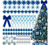 LOYIM 111Pcs Blue Christmas Tree Ornaments Set Include Xmas Tree Bow Topper Artificial Glitter Rose Velvet Bow Christmas Ball Ornaments Poinsettia Flowers Decoration Berries for Xmas Holiday Decor