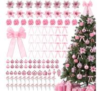 LOYIM 111Pcs Pink Christmas Tree Ornaments Set Include Xmas Tree Bow Topper Artificial Glitter Rose Velvet Bow Christmas Ball Ornaments Poinsettia Flowers Decoration Berries for Xmas Holiday Decor