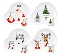 LOYIM 12 Piece Christmas Ceramic Dinnerware Set Santa, Christmas Tree and Reindeer Dinner Plate, Salad Plate and Mug Festive Holiday Tableware Collection for Party, Service for 4 Guest