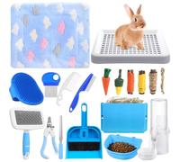 LOYIM 19 Pcs Rabbit Starter Kit Small Rabbit Litter Box Animal Grooming Kit Bunny Toys Bowl Blankets with Cleaning Set for Guinea Pig Rabbit Accessories