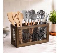 LOYIM 3 Compartment Wooden Utensil Holder for Kitchen Counter Rustic Burnt Pine Farmhouse Cooking Utensil Organizer with Diamond Metal Wire Mesh Large Spatula Spoon Whisk Caddy for Countertop