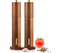 LOYIM Wooden Salt and Pepper Grinder Set 10 Inch Manual Salt and Pepper Mill with Tray Adjustable Coarseness Refillable Wood Grinders with Gold Bottle Label for Kitchen(Wood Color)