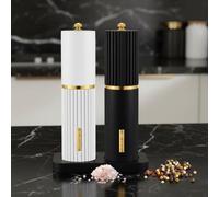 LOYIM Wooden Salt and Pepper Grinder Set 8 Inch Manual Salt and Pepper Mill with Tray Adjustable Coarseness and Refillable Wood Grinders with Gold Bottle Label for Kitchen Gift(Black,White)