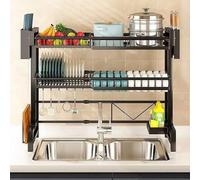 loyliawa 2 Tier Dish Drainer Rack, Over the Sink Dish Drying Rack, Telescopic Large Capacity Dish Rack, Cutting-Board Holder, Cup Holder, Kitchen Counter Storage Shelf Supplies Black