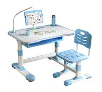 loyliawa Kids Desk Chair Set, Height Adjustable Toddlers Writing Table with Tiltable Reading Stand LED Table Light, Living Room Bedroom Children Learning Table with Extra Large Drawer Blue