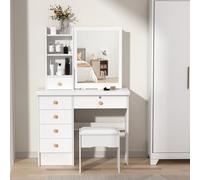 loyliawa Vanity Desk with Mirror and Lights, Makeup Desk with Cushion Stool, Dressing Table with 3 Color Sliding Lighted Mirror, Vanity Table with Drawers and Opening Shelves (White 3)