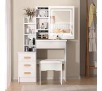 loyliawa Vanity Desk with Mirror and Lights, Makeup Desk with Cushion Stool, Dressing Table with 3 Color Sliding Lighted Mirror, Vanity Table with Drawers and Opening Shelves (White 5)
