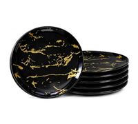 Loymokinar 6-Piece Black Marble Ceramic Plates with Gold Rim, 8-Inch Dinner Plates Set, Oven & Microwave Safe, Dishwasher Safe, Elegant Appetizer, Salad, and Dessert Plates for Modern Dining