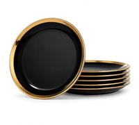 Loymokinar Set of 6 Dinner Plates 8" Black Porcelain with Gold Trim Small Plates Black Ceramic Plates Ideal for Dessert and Appetizers
