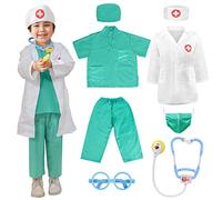 LOYO Kids Role Play Halloween Costumes, Green Doctors Outfit Set with Lab Coat, Scrubs Costume, Mask, Stethoscope for Children Doctor World Book Day Costume