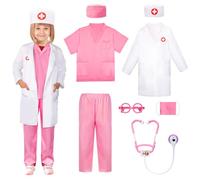 LOYO Kids Role Play Halloween Costumes, Pink Doctors Outfit Set with Lab Coat, Scrubs Costume, Mask, Stethoscope for Children Doctor World Book Day Costume