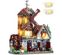 Loyratche Medieval Wood Cabin Building Set with Light, Wooden Forest House Blocks Toy with Rotating Windmill Waterwheel Castle Architecture Modular Ideal Gift for Adults Teens 14+