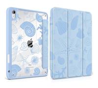 Loyrina Case for iPad Air 11 inch M3 2025 M2 2024 Release with Pencil Holder Clear Back Shell Blue Lightweight Shockproof TPU Edge Trifold Stand Auto Wake Sleep Cute Cover, Starfish and Shells