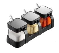LOYUYU Condiment Jar Spice Container with Lids and Spoons, 250ml Clear Glass Condiment Jars Set of 3, Pots Seasoning Box Salt Container Sugar Bowl for Kitchen, Food Storage Black
