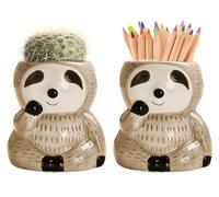 LOZACHE Small Plant Pots Pack of 2, Cute Sloth Gift Ceramic Succulent Plant Pot Pen Holder House Indoor Planter for Tiny Cactus Flowers Room Office Desk Garden Decor (Brown)