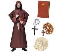 Lozzzyo Monk Halloween Costumes Men, Medieval Monk Priest Robe with Hooded Cloak, Necklace, Rosary Beads， Belt & Book - Adult Halloween Costume Men for Cosplay Theme Party