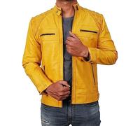 LP-FACON Cafe Racer Leather Jacket - Quilted Leather Jacket Mens - Biker Jacket Men Yellow