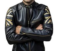 LP-FACON Mens Black Union Jack UK Flag Cafe Racer Leather Motorcycle Jacket