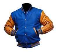 LP-FACON Men's Varsity Baseball Collage Bomber Letterman Jacket Blue and Golden