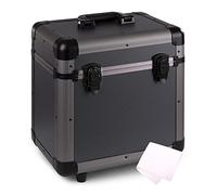 LP Grey Vinyl Record Storage Case and Anti-Static Cleaning Cloth Bundle - Protective DJ Storage Box Holds 80x 12" LPs, Stackable Titanium Design, Foam-Lined Interior, Lockable Latches Included