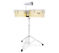 LP Latin Percussion Timbales Matador brass 14" + 15", steel shell depth 16.5 cm, brass look, conventional tuning system, including Matador cowbell, tuning keys & sticks, M257B, drum