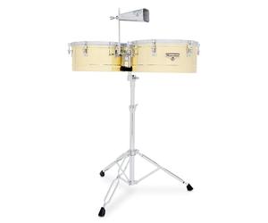 LP Latin Percussion Timbales Matador brass 14" + 15", steel shell depth 16.5 cm, brass look, conventional tuning system, including Matador cowbell, tuning keys & sticks, M257B, drum